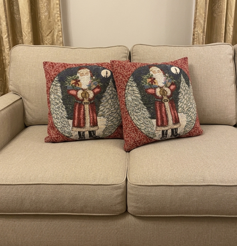 Set of 2 Newport Christmas Santa Tapestry Holiday Decorative Throw Pillows